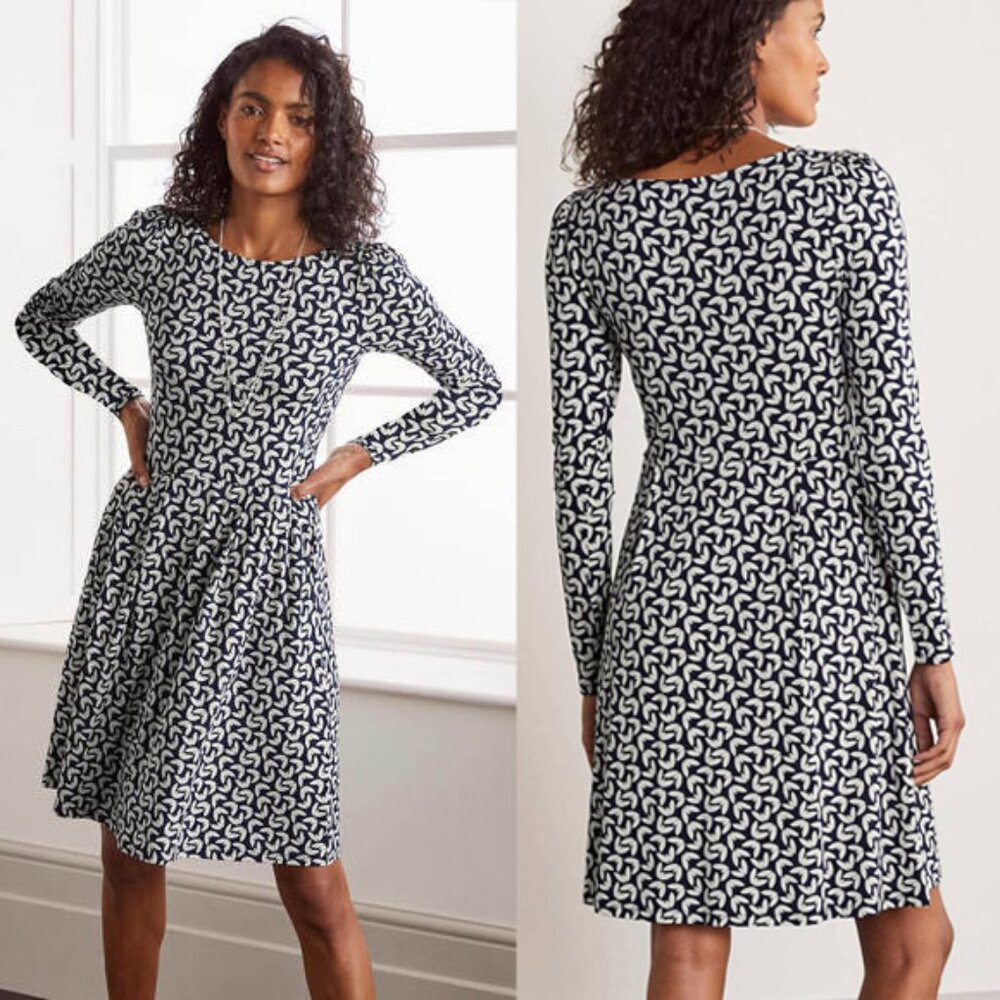 Boden Navy White Long Sleeve Printed Jersey Knit Dress 8R Soft Stretch Pockets